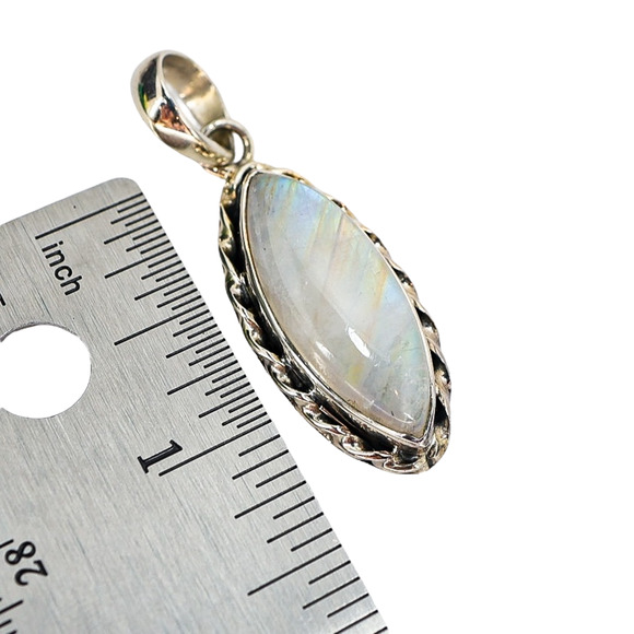 Vintage Rainbow Moonstone Pendant – Sterling Silver SJ925, Marquise Cabochon - Picture 6 of 8